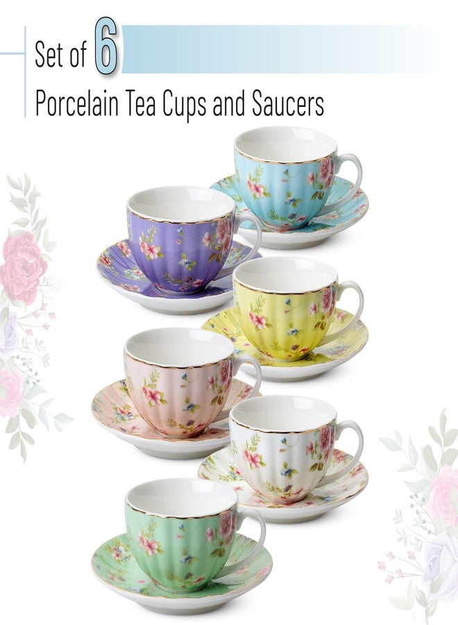 Brew To A Tea BTaT- Floral Tea Cups and Saucers Set of 6 (7 oz), Porcelain Tea Cups Set of 6, Pastel Bloom Design with Gold Trim, Dishwasher & Freezer Safe - Image 2